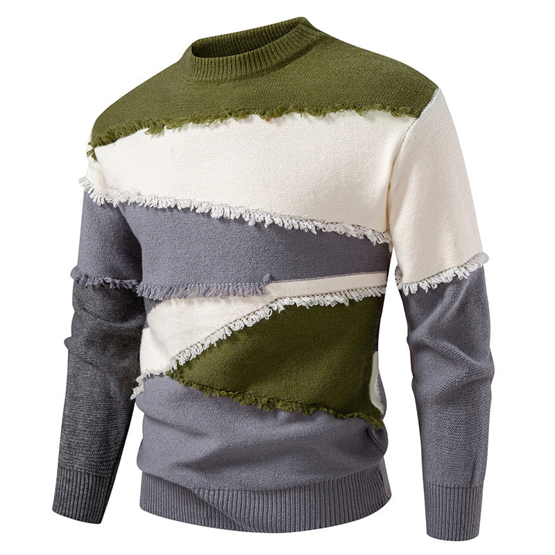 Herren Colorblock-Strickpullover mit Fransenbesatz und kurzem Stehkragen Drune