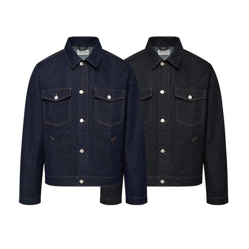 Unisex Zeitlose Boxy-Denimjacke im Worker-Look mit Pattentaschen und Metallknopfleiste Drune