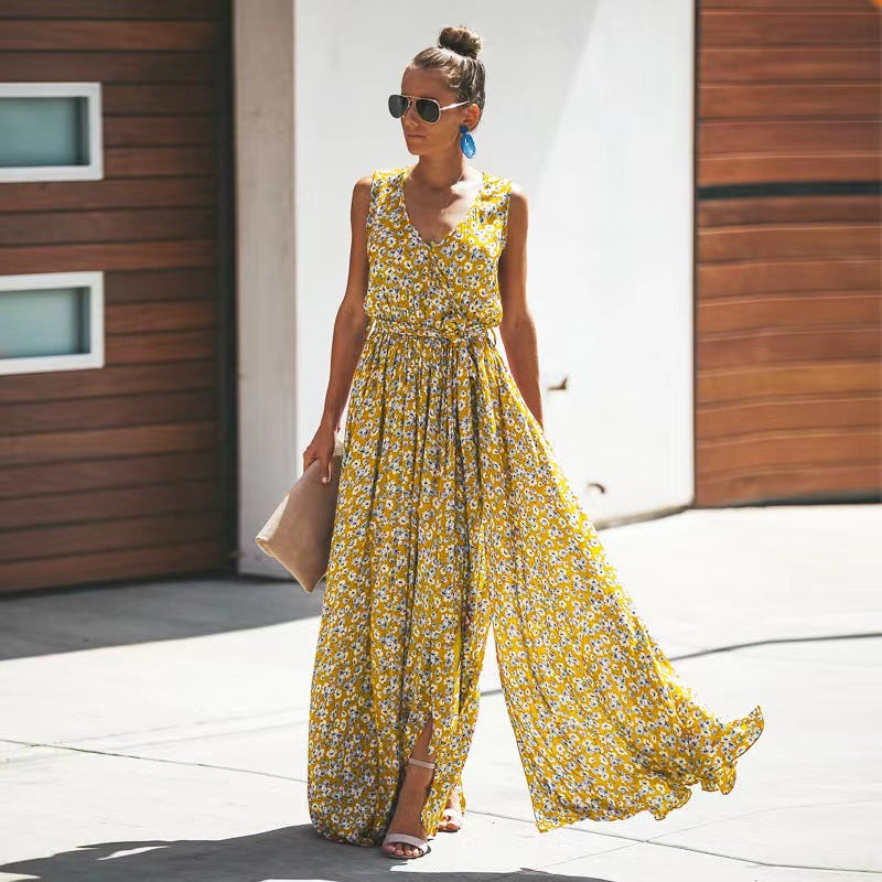 Damen Maxikleid mit floralem Schnitt und schickem Taillengürtel Drune