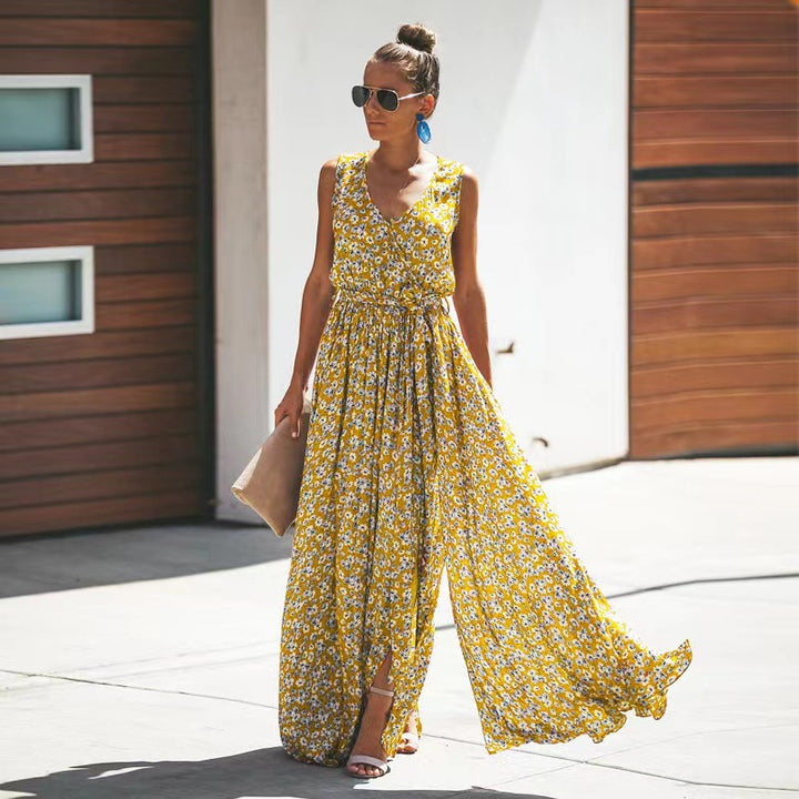 Damen Maxikleid mit floralem Schnitt und schickem Taillengürtel Drune