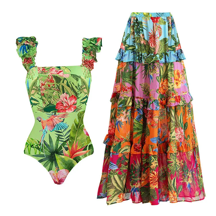 Damen Einteiler Badeanzug mit floralem Muster und Rüschendetails Drune