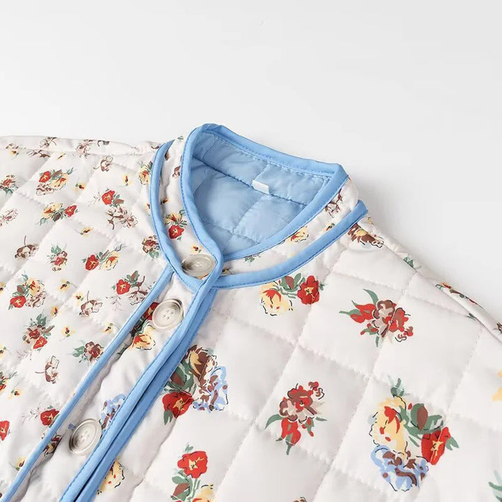 Damen nan gesteppte Boxy-Jacke mit floralem Alloverprint, kontrastierender Paspel und aufgesetzten Klappentaschen Drune