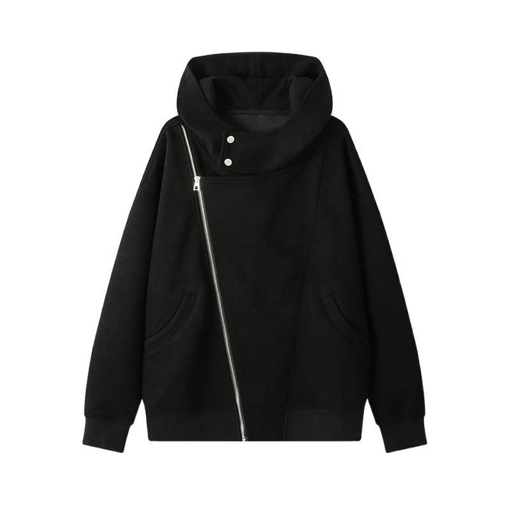 Damen nan asymmetrischer Kapuzenpullover mit hohem Kragen, diagonalem Reißverschluss und Kängurutaschen Drune