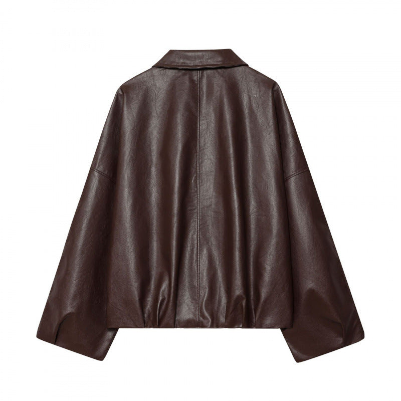 Damen modische Kunstlederjacke mit breiten Ärmeln und praktischen Taschen Drune
