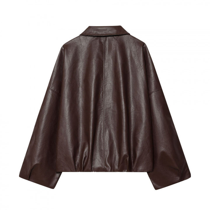 Damen modische Kunstlederjacke mit breiten Ärmeln und praktischen Taschen Drune
