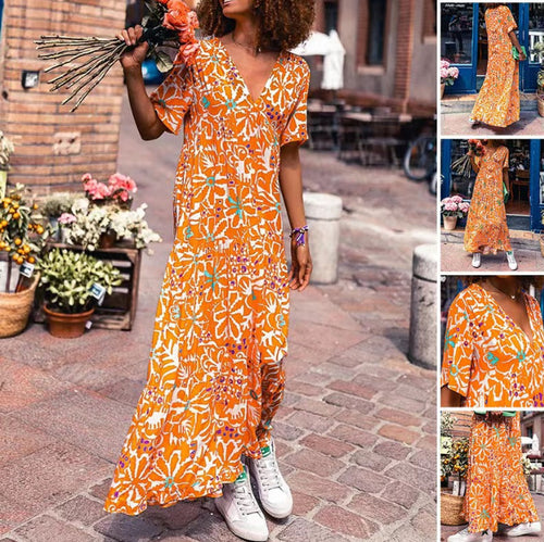 Damen nan knöchellanges V-Ausschnitt-Maxikleid mit grafischem Ethno-Print, kurzen Ärmeln und schwingender Volantbahn Drune