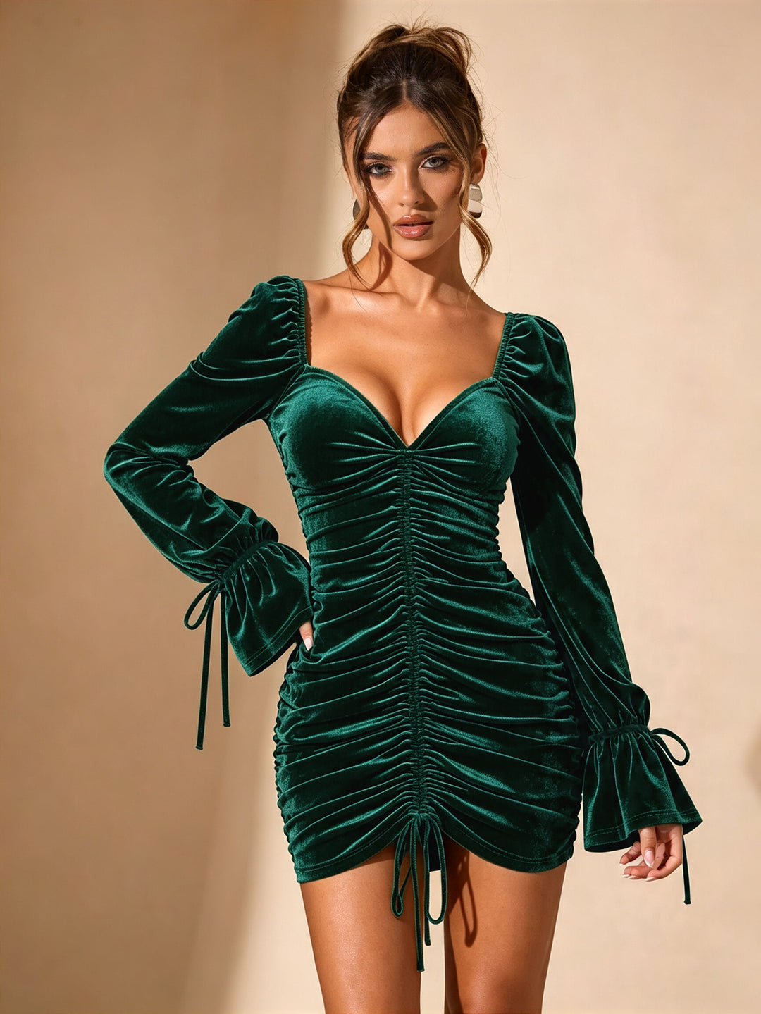 Damen gerafftes Samt-Minikleid mit Herzausschnitt, Tunnelzug und voluminösen Bindärmeln Drune