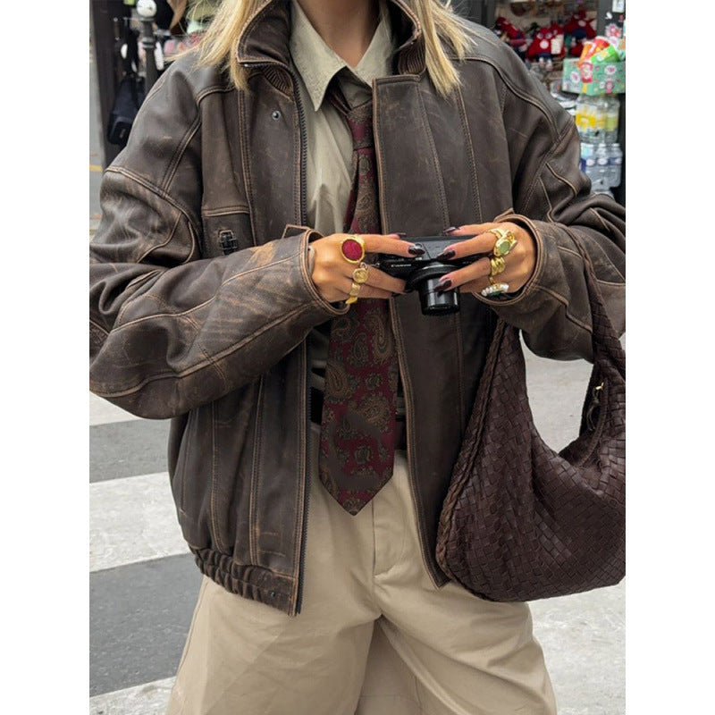 Damen Lässige Lederjacke im Vintage-Stil mit elastischem Bund Drune