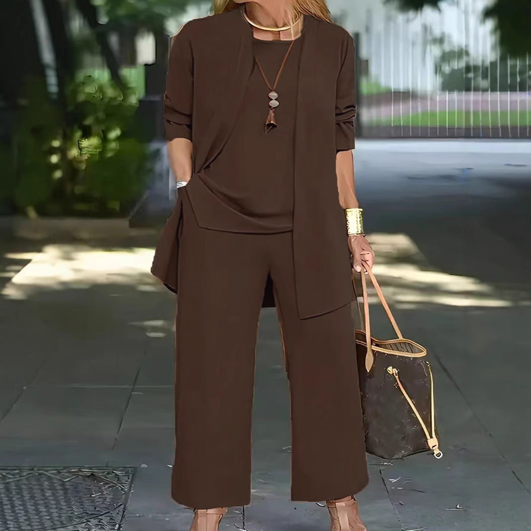 Damen Elegantes Zweiteiler-Set mit offenem Longcardigan, ärmellosem Top und weiter Palazzo-Hose Drune