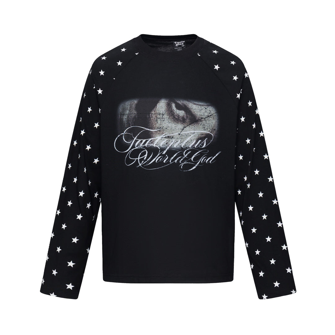 Unisex Langärmliges Sweatshirt mit Raglanärmeln, Stern-Printärmeln und Vintage-Grafik Drune
