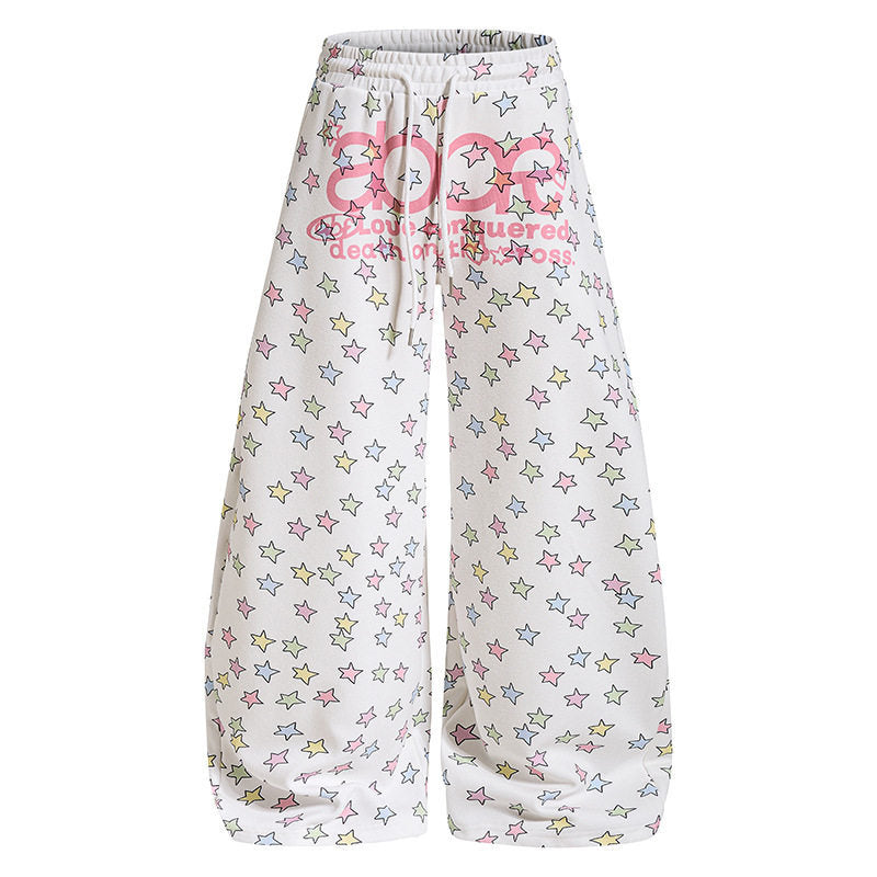 Damen Weite Lounge-Palazzohose mit hohem Elastikbund, Kordelzug und Sternchen-Allover Drune