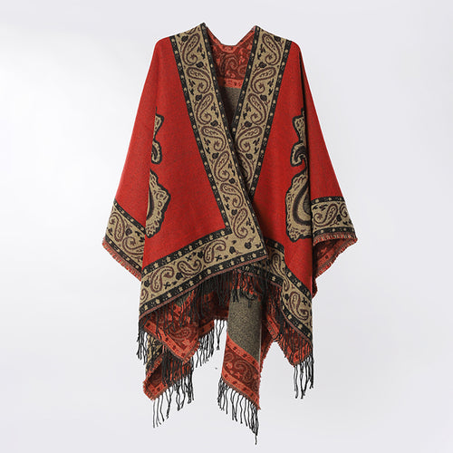 Damen Oversize‑Wickelcape im Paisley‑Jacquard mit Fransen und V‑Ausschnitt Drune
