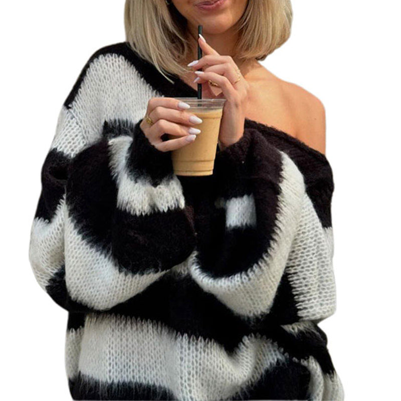 Damen Oversized Strickpullover mit breiten Streifen Drune