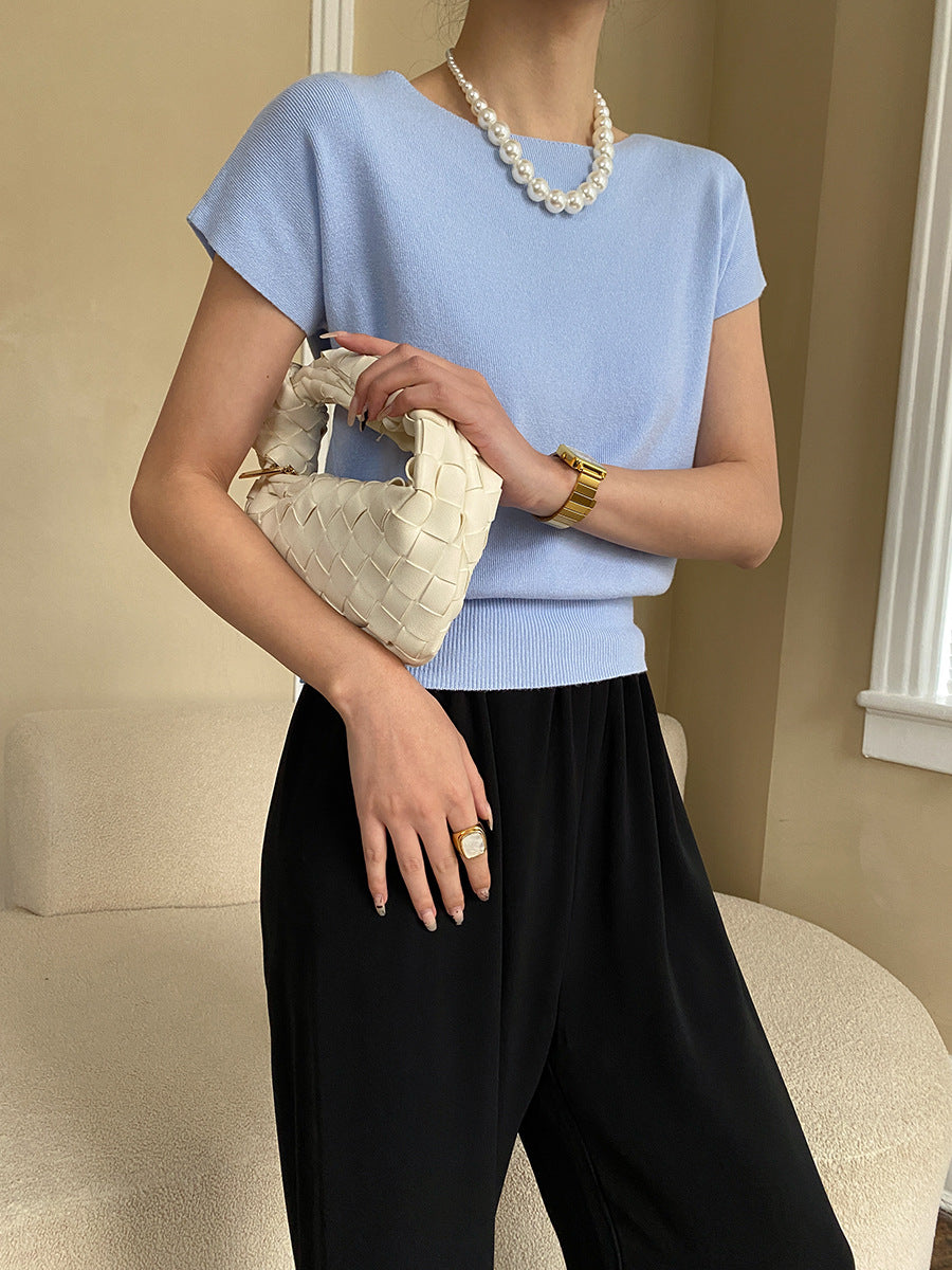 Damen elegantes kurzärmeliges Strickoberteil mit feiner Rippstruktur Drune