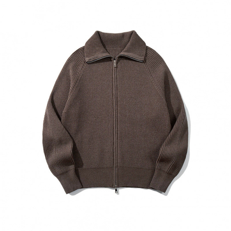 Unisex Grobgerippte Zip-Strickjacke mit Stehkragen, Raglanärmeln und Zwei-Wege-Reißverschluss Drune