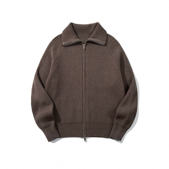 Unisex Grobgerippte Zip-Strickjacke mit Stehkragen, Raglanärmeln und Zwei-Wege-Reißverschluss Drune