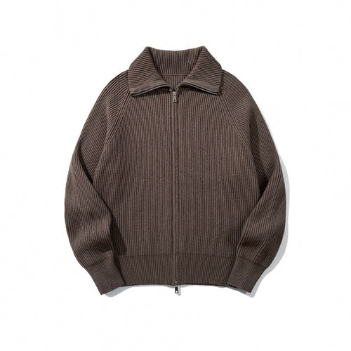 Unisex Grobgerippte Zip-Strickjacke mit Stehkragen, Raglanärmeln und Zwei-Wege-Reißverschluss Drune