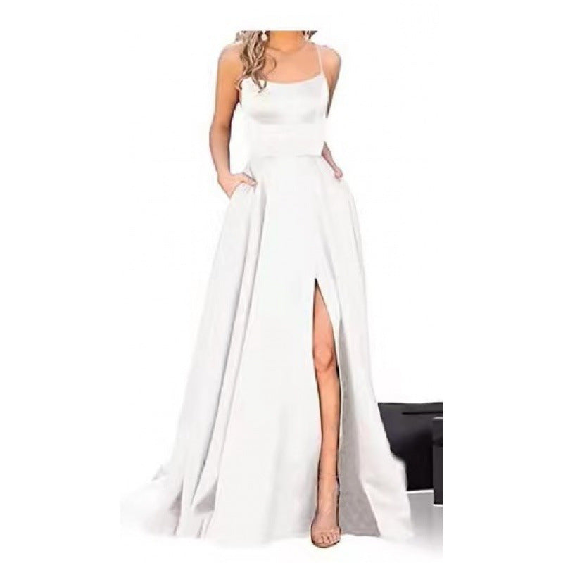 Damen Maxikleid Spaghettiträger Oberschenkelschlitz