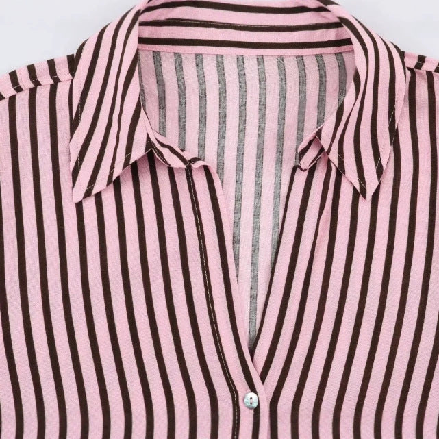 Damen Gestreifte Hemdbluse mit Stehkragen und Tunnelzug Drune