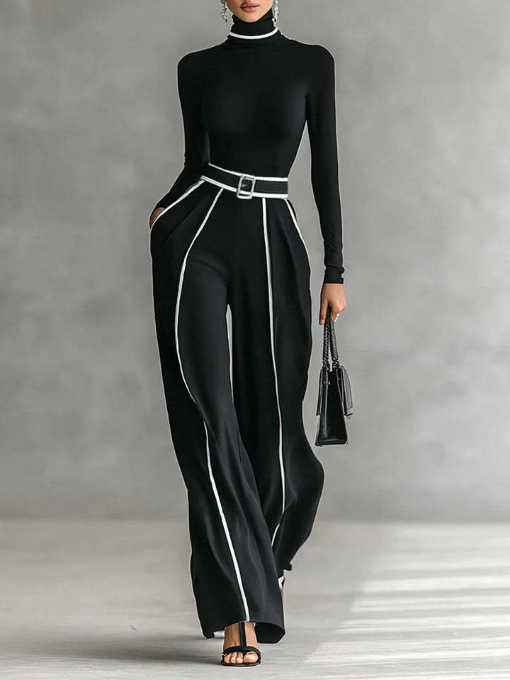 Damen nan elegantes Strickset mit tailliertem Rollkragenoberteil und weiter Plisseehose mit Taillengürtel Drune