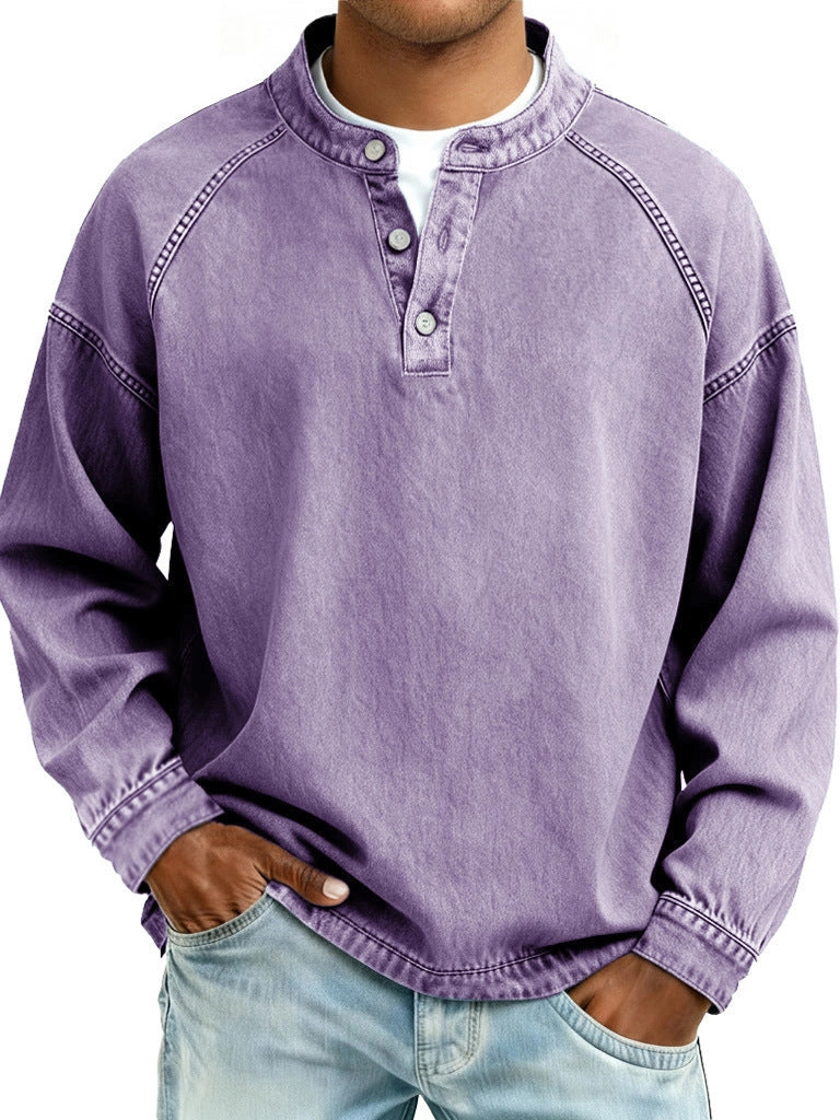Herren nan verwaschenes Henley-Shirt mit Stehkragen, lockerer Passform und Knopfleiste Drune