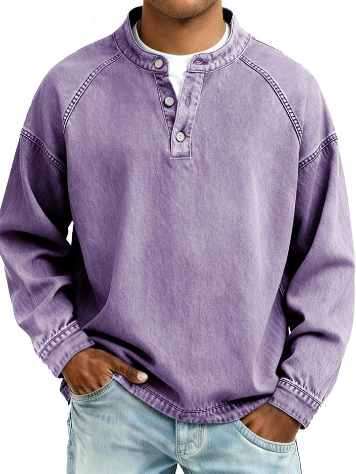 Herren nan verwaschenes Henley-Shirt mit Stehkragen, lockerer Passform und Knopfleiste Drune