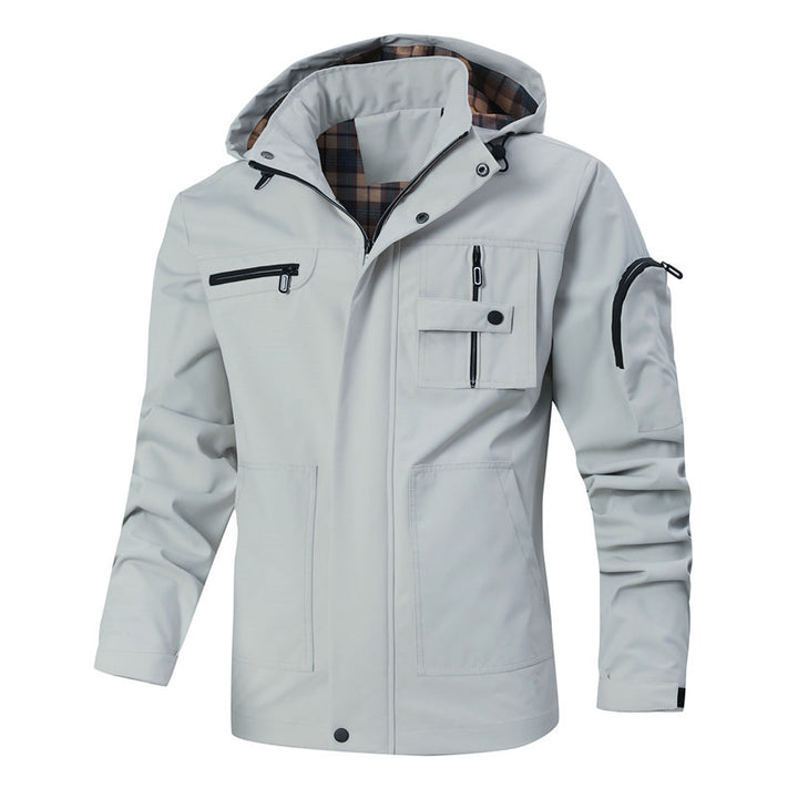 Herren Outdoor-Parka mit karierter Innenfütterung, Kapuze und Multifunktionstaschen Drune