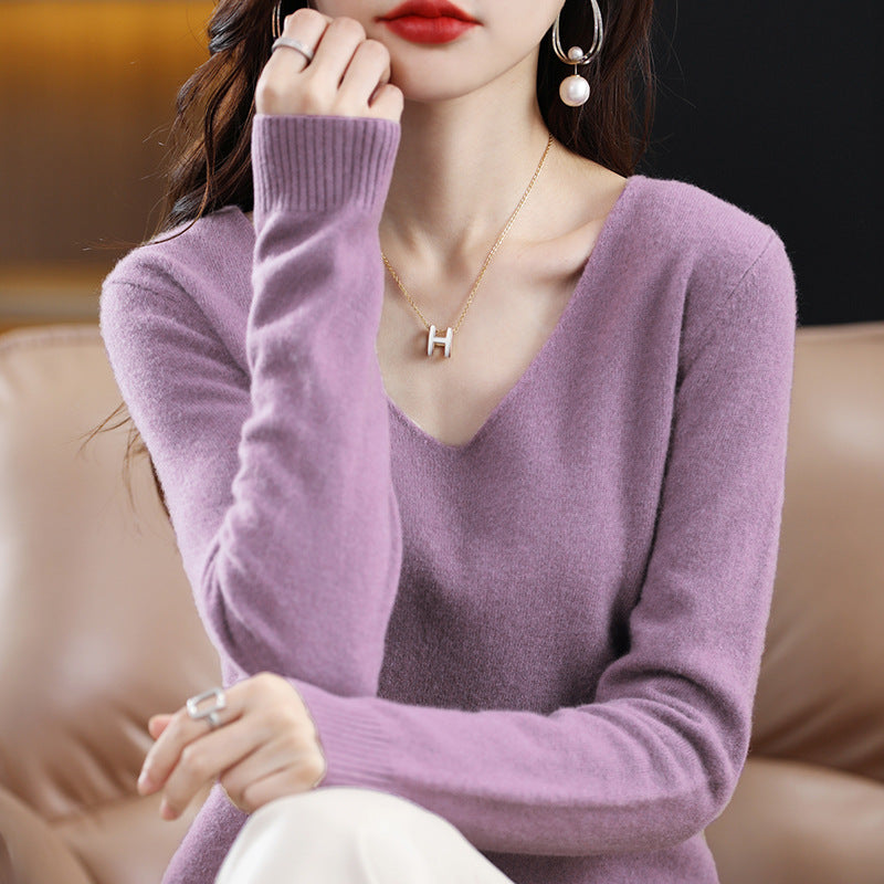 Damen V-Ausschnitt Pullover in Kaschmir-Optik mit legerem Schnitt und Rippbündchen Drune
