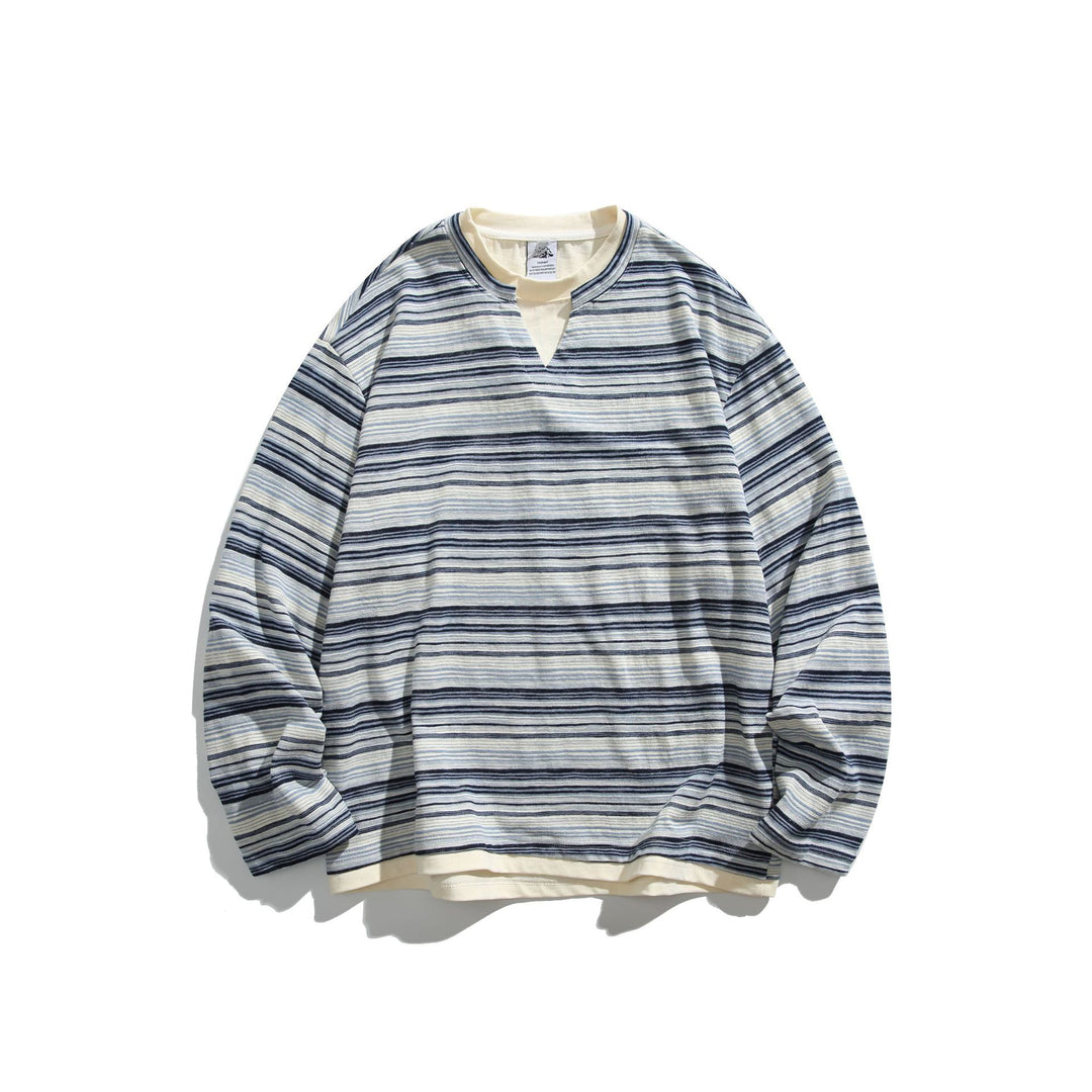 Unisex Gestreiftes Langarmshirt mit V-Notch und Lagen-Effekt Drune
