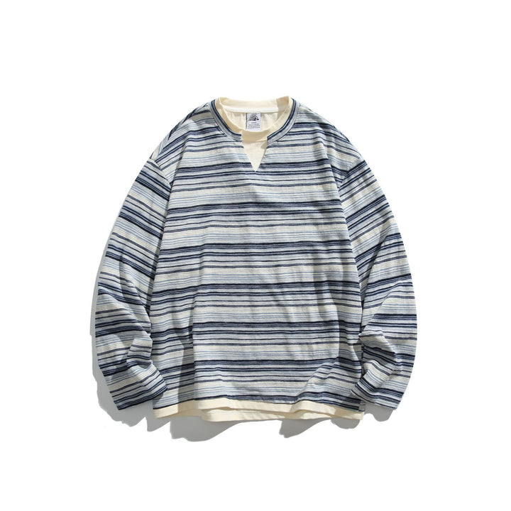 Unisex Gestreiftes Langarmshirt mit V-Notch und Lagen-Effekt Drune
