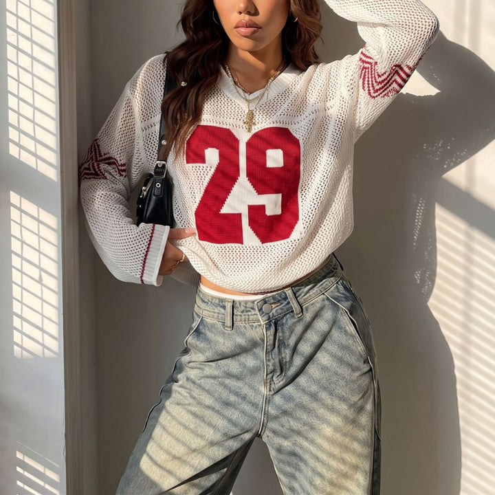 Damen Oversize Netz-Strick Cropped Pullover mit V-Ausschnitt Drune