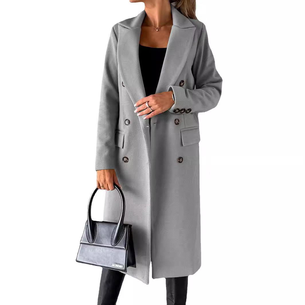 Damen Doppelreihiger Midilanger Wollmantel mit Reverskragen und taillierter Silhouette Drune