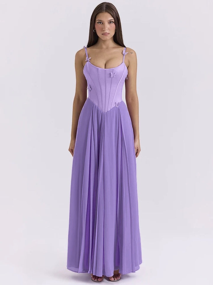 Damen nan figurbetontes Korsett-Maxikleid mit Schmetterlings-Trägern und plissiertem Chiffonrock Drune