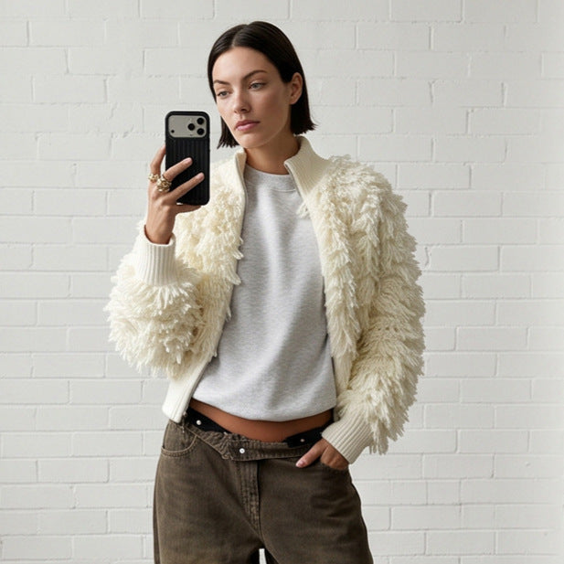 Damen Kurze Strickjacke mit puscheliger Bouclé-Optik, Reißverschluss und breitem Rippenbund Drune