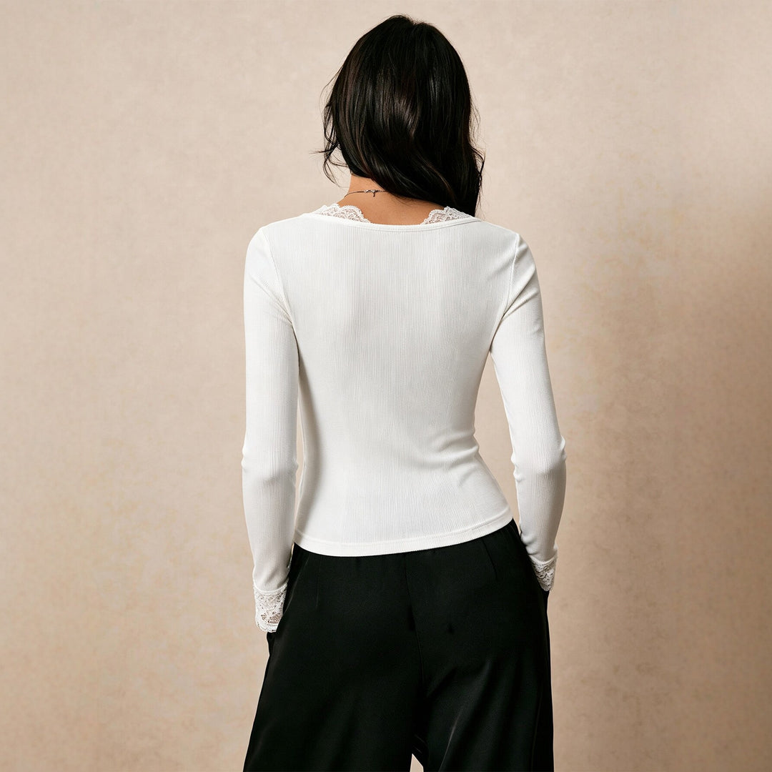 Damen feines geripptes Langarmshirt mit Spitzen-V-Ausschnitt, dekorativer Schleife und Spitzenmanschetten Drune