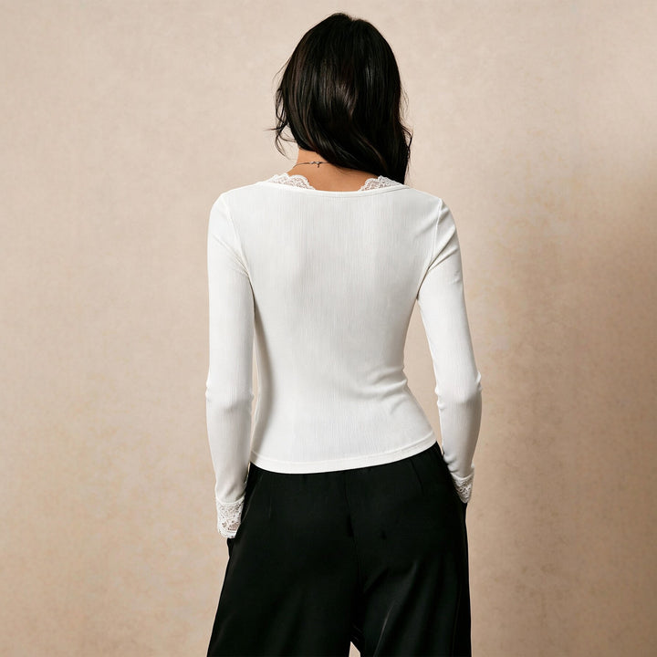 Damen feines geripptes Langarmshirt mit Spitzen-V-Ausschnitt, dekorativer Schleife und Spitzenmanschetten Drune
