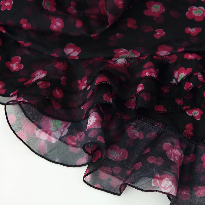 Damen Florales Chiffon-Minikleid mit tiefem V-Ausschnitt, Glockenärmeln und Stufenvolant Drune