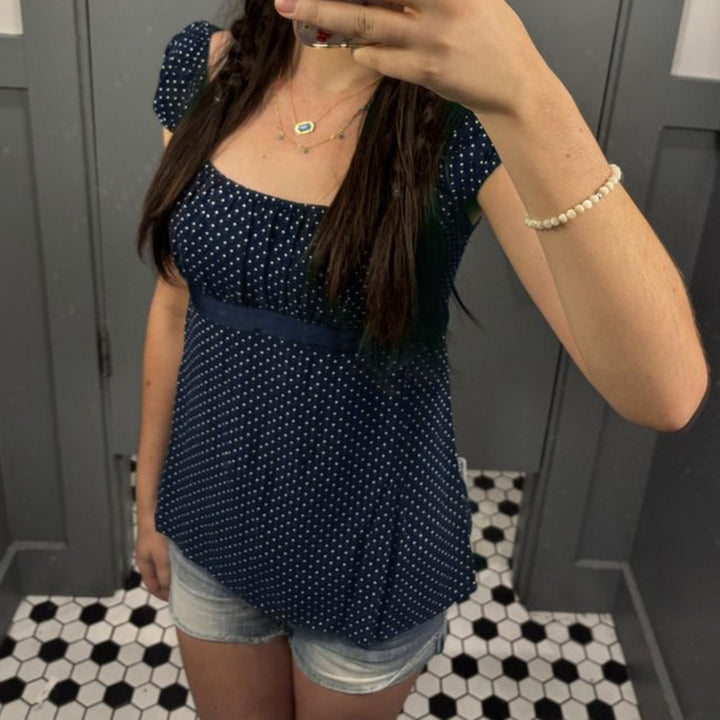 Damen luftiges Polka-Dots Blusenshirt mit schickem Rüschenkragen Drune