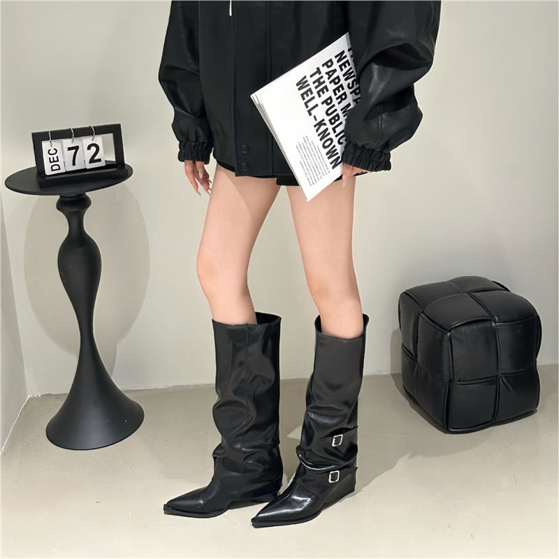 Damen Slouch-Kniehohe Stiefel mit spitzer Zehenform, dekorativen Schnallen und sculpted Blockabsatz Drune