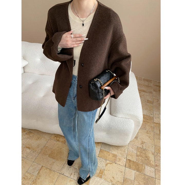 Damen lässige Wolljacke mit doppelter Knopfverschluss und weit geschnittenen Ärmeln Drune