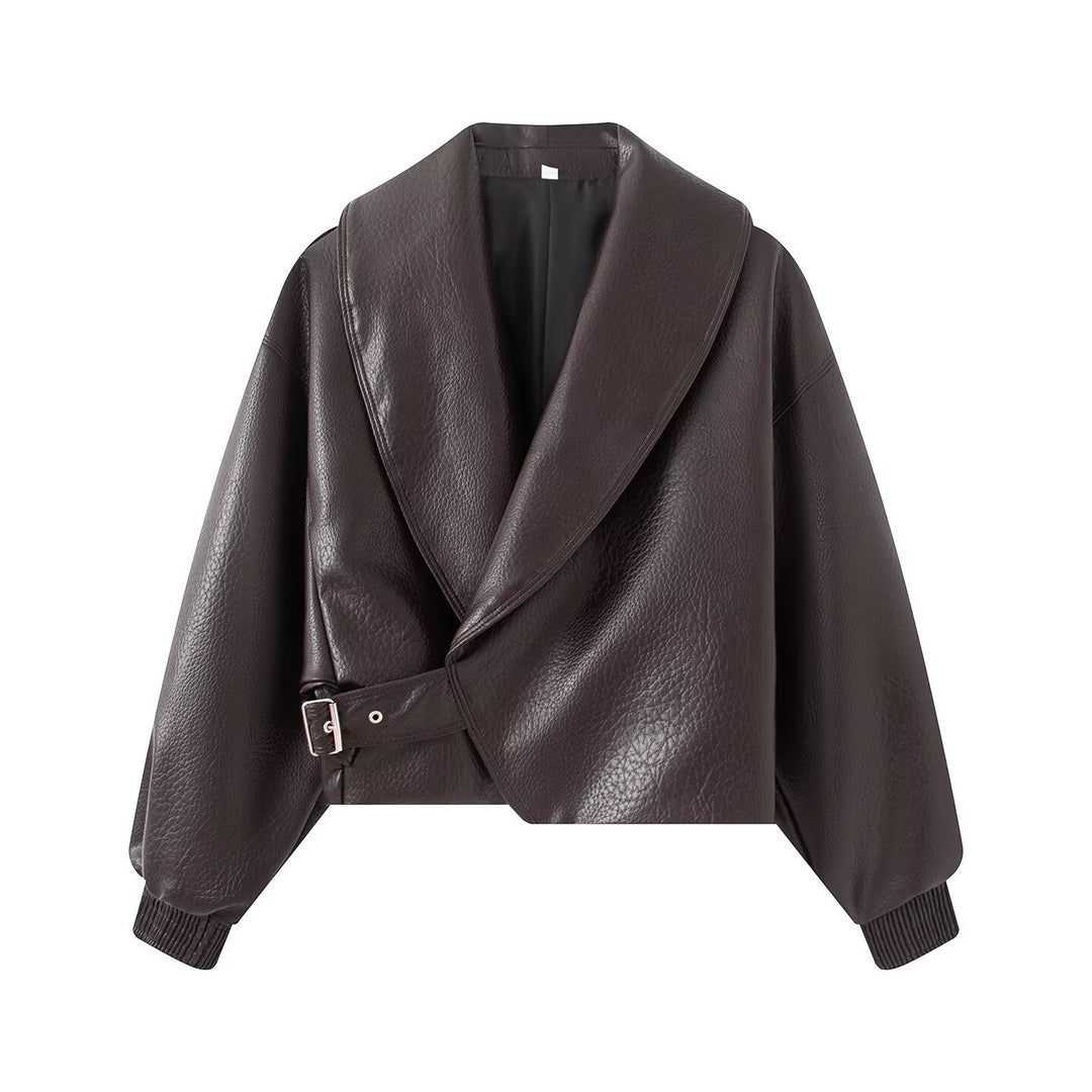 Damen Boxy Cropped Blousonjacke aus Kunstleder mit überlappendem Schalkragen und Taillenriemen Drune