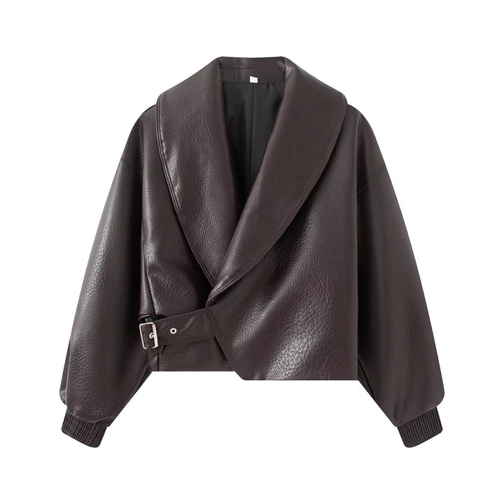 Damen Boxy Cropped Blousonjacke aus Kunstleder mit überlappendem Schalkragen und Taillenriemen Drune