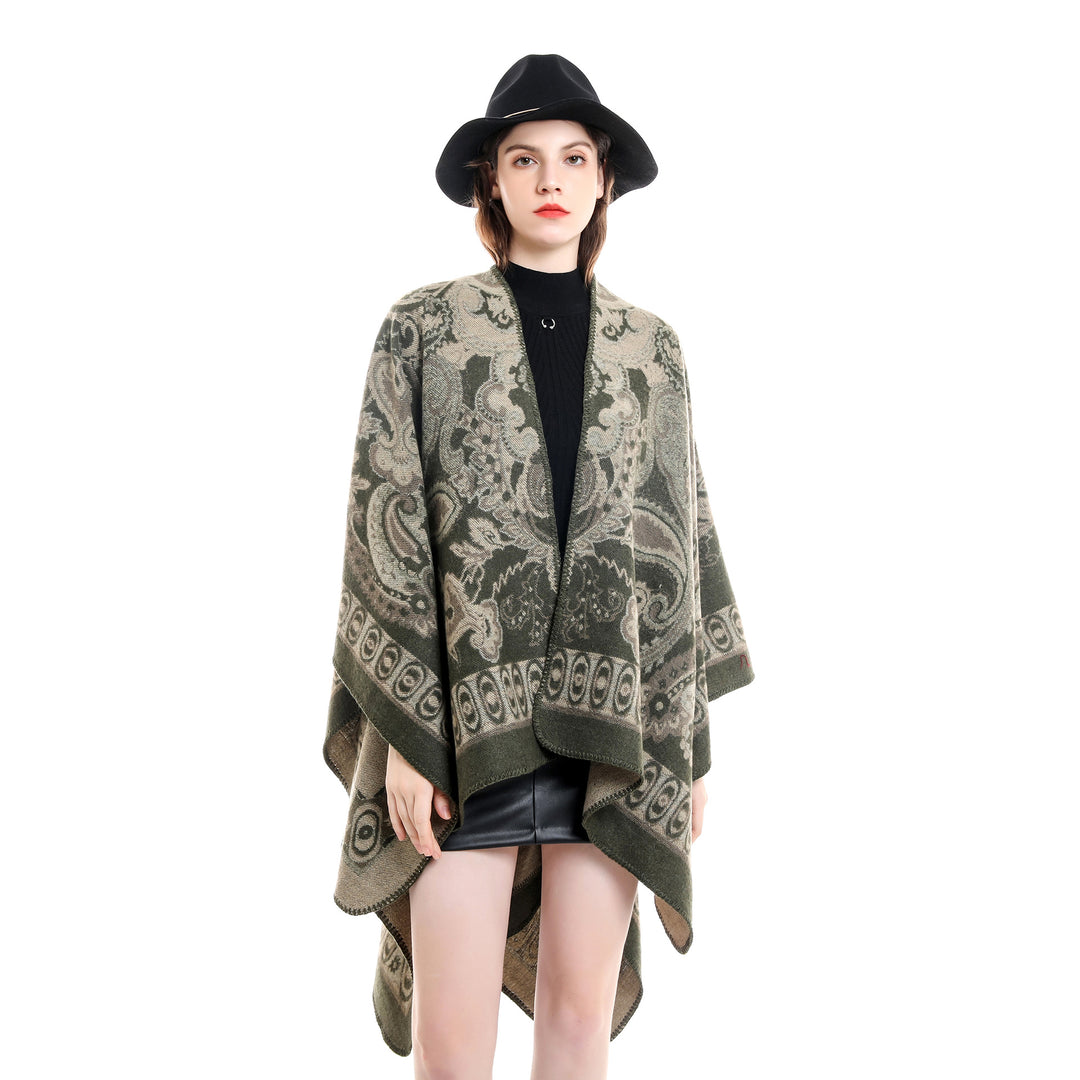 Damen Jacquard-gewebte Oversize-Ruana mit Ornamentik und offenem Kimono-Fall Drune