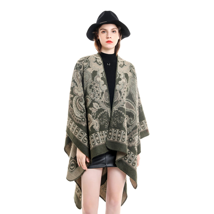 Damen Jacquard-gewebte Oversize-Ruana mit Ornamentik und offenem Kimono-Fall Drune