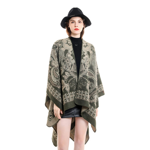 Damen Jacquard-gewebte Oversize-Ruana mit Ornamentik und offenem Kimono-Fall Drune