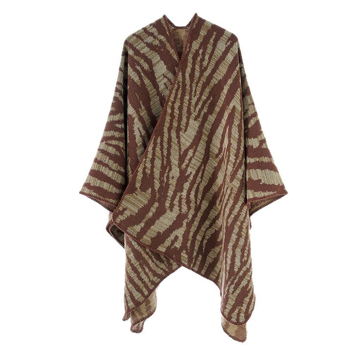 Damen Grobstrick‑Poncho im Cape‑Schnitt mit Zebra‑Jacquard und offener Kimonoärmelung Drune