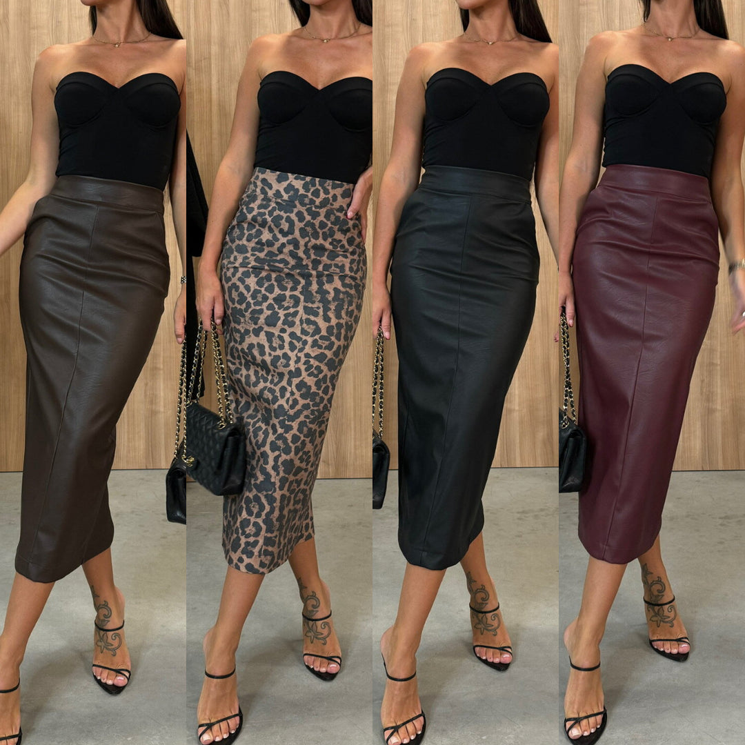 Damen Midirock aus hochwertigem Lederimitat mit hohem Bund Drune