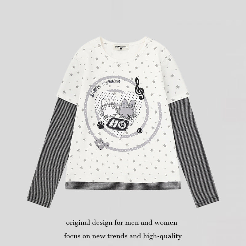 Damen Lagen-Langarmshirt mit Sternen-Allover, gestreiften Einsatzärmeln und Comic-Hasen-Frontprint Drune