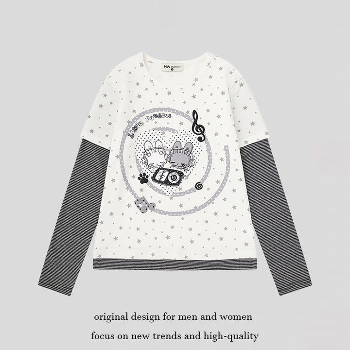 Damen Lagen-Langarmshirt mit Sternen-Allover, gestreiften Einsatzärmeln und Comic-Hasen-Frontprint Drune