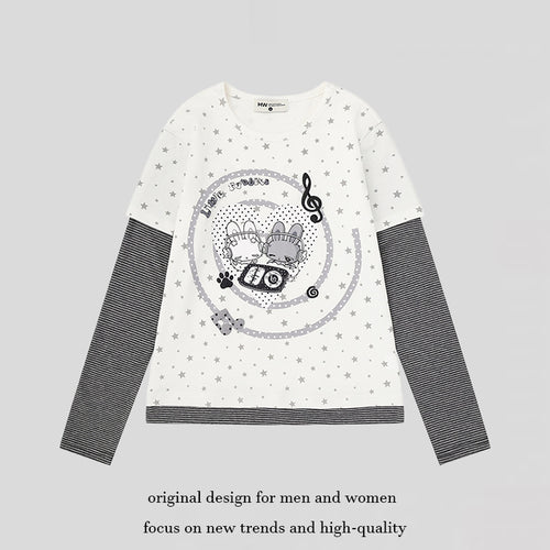 Damen Lagen-Langarmshirt mit Sternen-Allover, gestreiften Einsatzärmeln und Comic-Hasen-Frontprint Drune